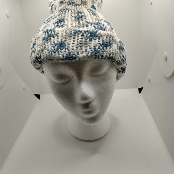Handmade Hat Blue Unisex Winter Slouchy Knit Warm Beanie Ski Cap Pom Pom - Picture 3 of 12